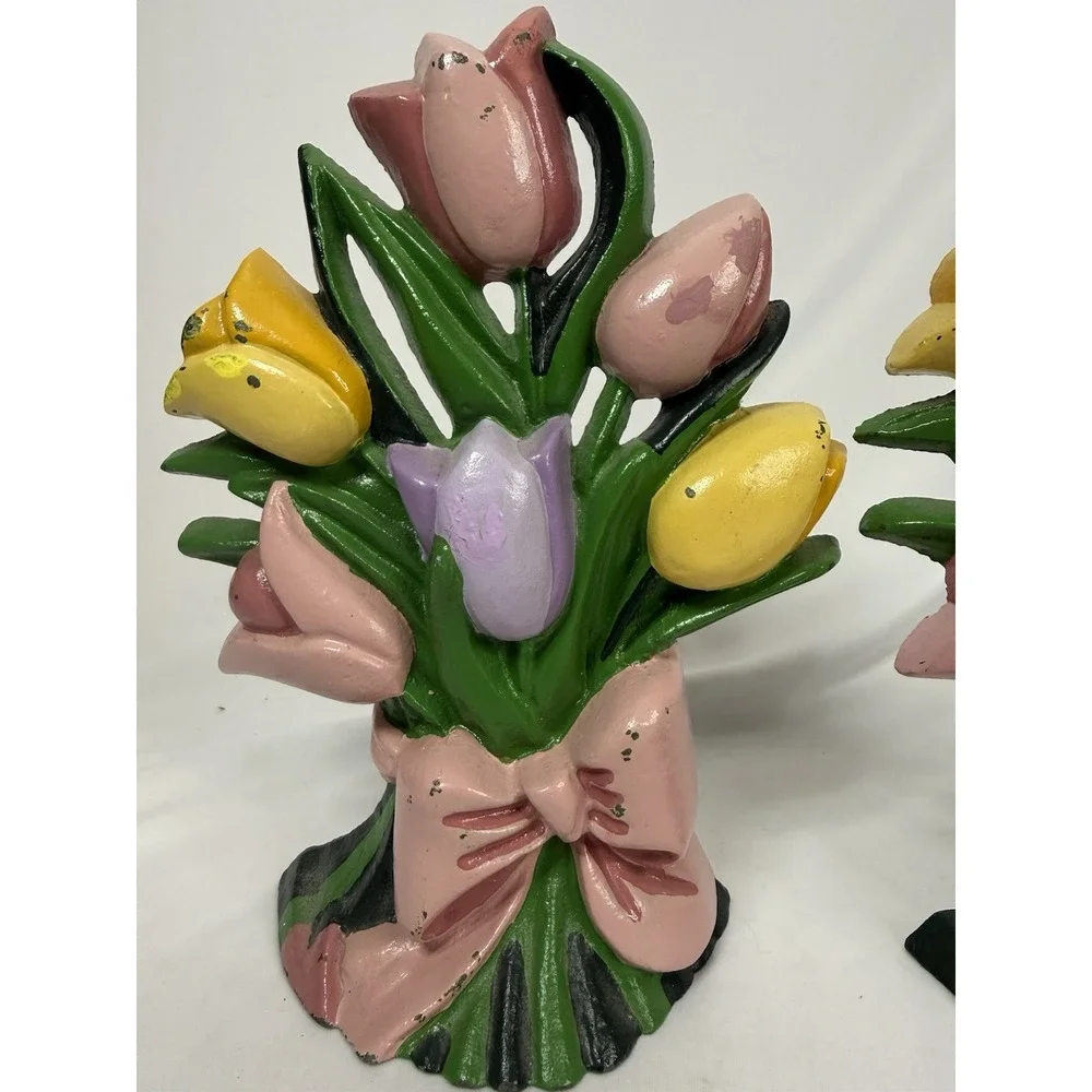 Of 2 Vintage Multicolored Tulips Cast Iron Doorstops Bookends MCM 10